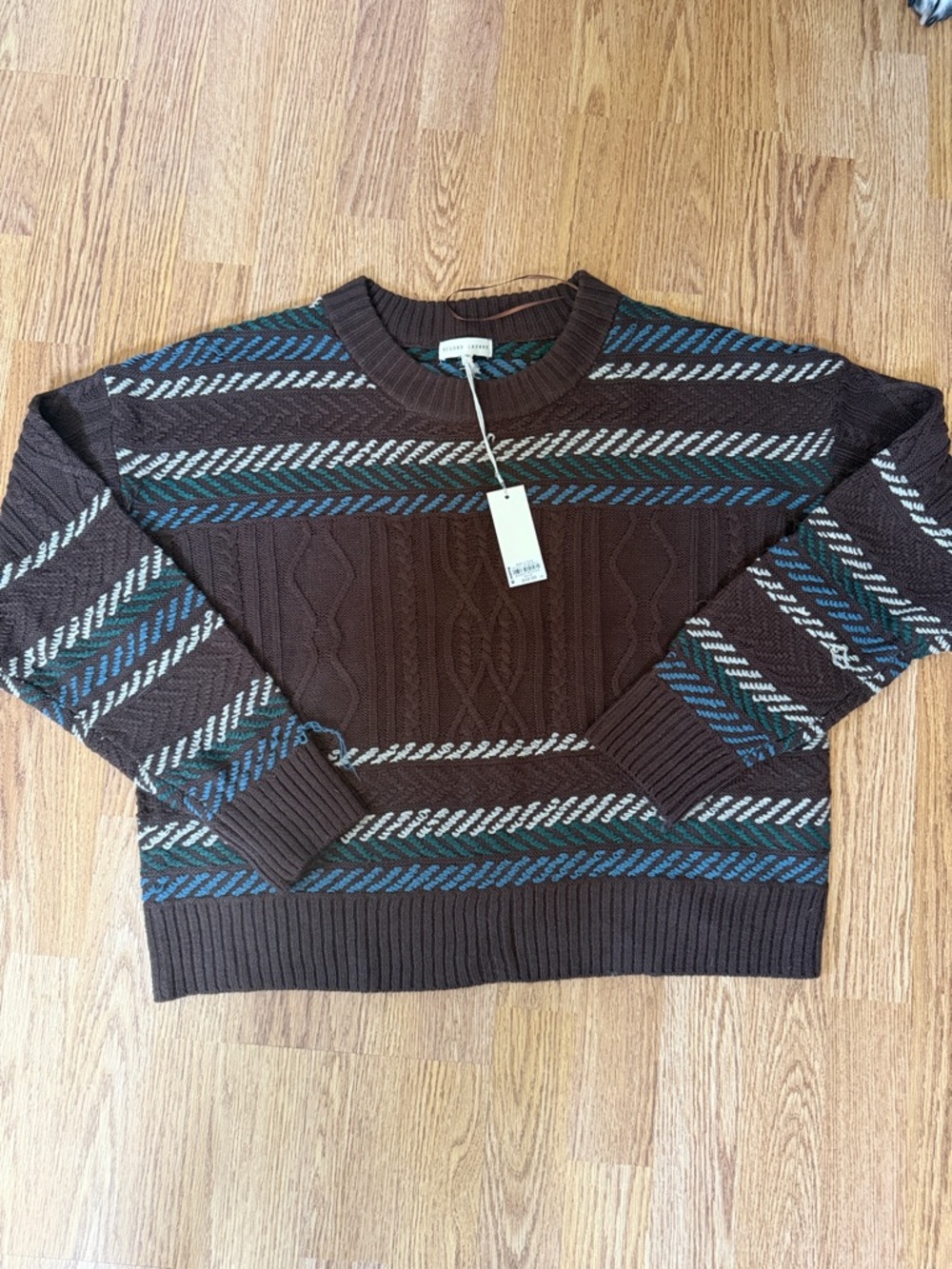 Gilded Intent Brown Crewneck Sweater with Teal and Cream Stripes